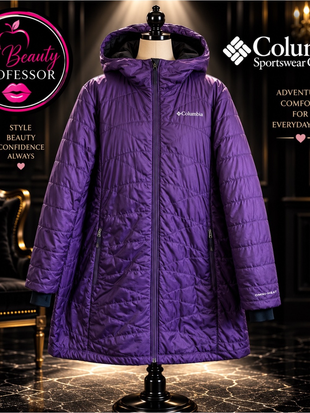 💕Columbia Omni-Heat Purple Hooded Long Puffer Coat Women's 1X